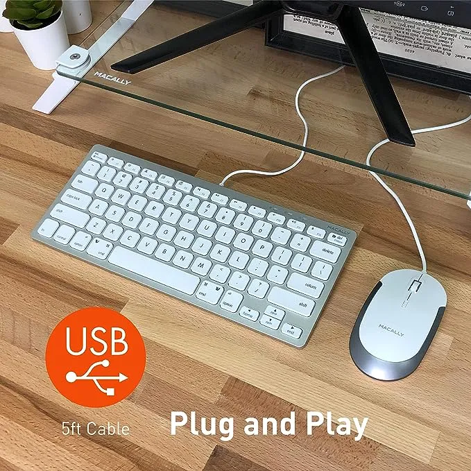 Macally USB Wired Keyboard and Mouse Combo for Mac and PC - Save Space with a Compact Small Mac Keyboard and Mouse for MacBook Pro/Air, iMac, Mac Mini/Pro - Compatible Apple Keyboard and Mouse