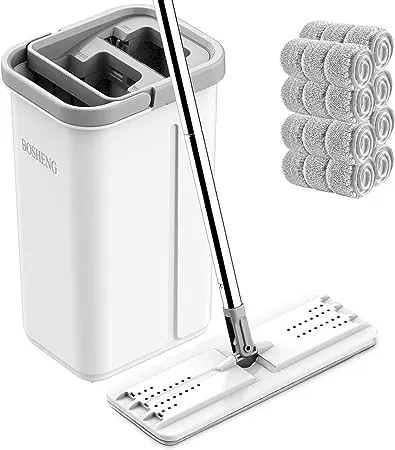 BOSHENG Mop and Bucket with Wringer Set, Hands Free Flat Floor Mop and Bucket, 3 Washable Microfiber Pads Included, Wet and Dry Use, Home Floor Cleaning System for All Floor Types and Windows