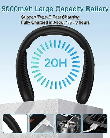 Neck Fan Air Conditioner, 5000mAh Portable Neck Fan with Semiconductor Cooling Airflow Bladeless USB Neck Fans Portable Rechargeable with 3 Speeds, LED Display, Personal Fan for Outdoor Travel Indoor