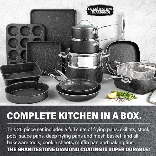 Granitestone 20 Piece Cookware & Bakeware Set,Black