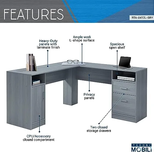 Techni Mobili Functional L-Shaped Computer Desk with storage, L is ⁠59.5" wide x 59.5" Long, Grey