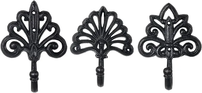 Sungmor Beautiful Shabby Chic Cast Iron Wall Hanging Hooks, 3PC 6.8" Large & Heavy Duty Decorative Wall Coat Hooks, Pretty Antique Black Wall Mounted Key Hooks, Scarf Bag Towel Hangers Wall Decoration