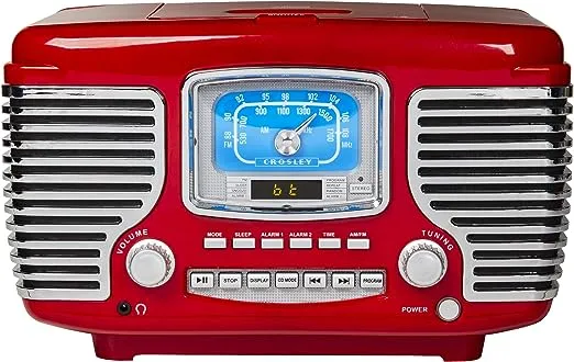 Crosley CR612B-RE Corsair Tabletop AM/FM Bluetooth Radio with CD Player and Dual Alarm Clock, Red