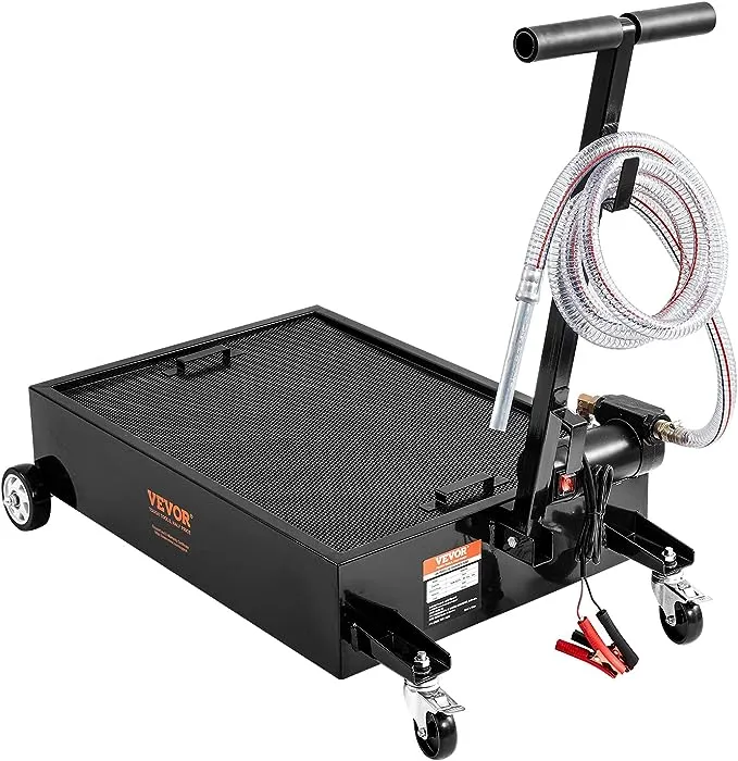 VEVOR Low Profile Oil Drain Pan, 15 Gallon Oil Drain Pan with Pump, Oil Change Pan with 180W Electric Pump, 8.2ft Hose & Folding Handle, Rolling Oil Drain Cart for Trucks, Buses, RVs