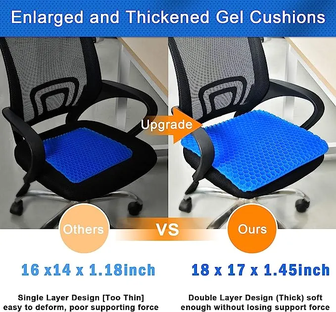 Gel Seat Cushion, Cooling seat Cushion Thick Big Breathable Honeycomb Design Absorbs Pressure Points Seat Cushion with Non-Slip Cover Gel Cushion for Office Chair Home Car seat Cushion for Wheelchair