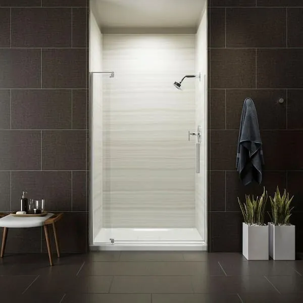 Revel 48 in. x 70 in. Frameless Pivot Shower Door in Anodized Brushed Nickel with Handle