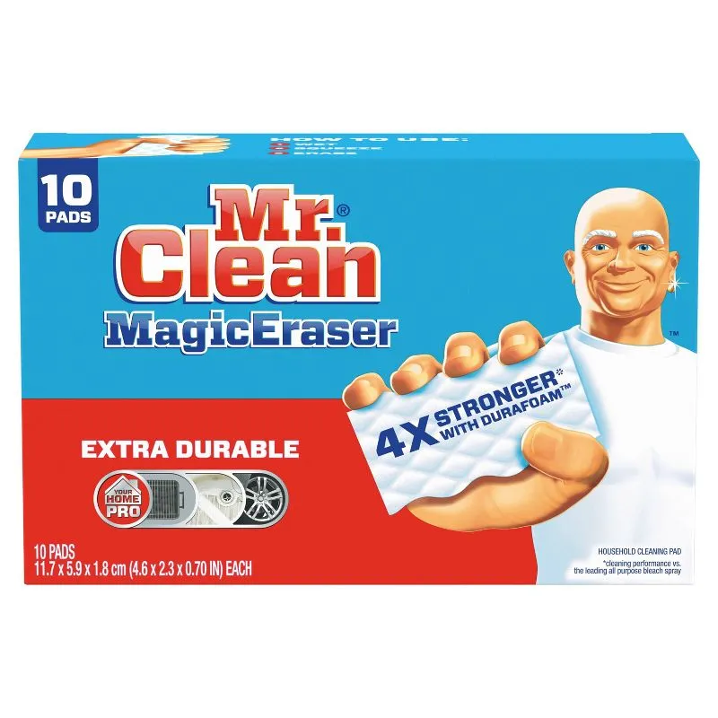 Mr. Clean Magic Eraser, Extra Durable Pro Version, Shoe, Bathroom, and Shower Cleaner, Cleaning Pads with Durafoam, 10 Count