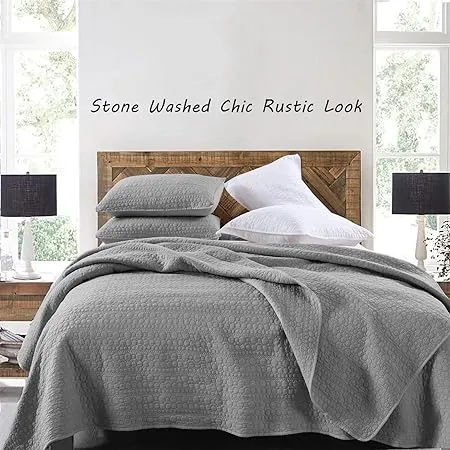 HORIMOTE HOME Quilt Set Queen Size Grey, Classic Geometric Spots Stitched Pattern, Stone-Washed Microfiber Chic Rustic Look, Ultra Soft Lightweight Quilted Bedspread for All Season, 3 Pieces