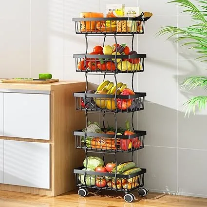 SAYZH 5 Tier Fruit Basket for Kitchen, Stackable Fruit and Vegetable Wire Basket with Wheels for Banana Onions and Potatoes Storage and Organization, Black