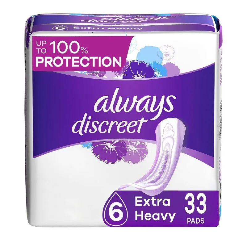 Always Discreet Incontinence Pads for Women and Postpartum Pads, Extra Heavy, 33 CT, up to 100% Bladder Leak Protection