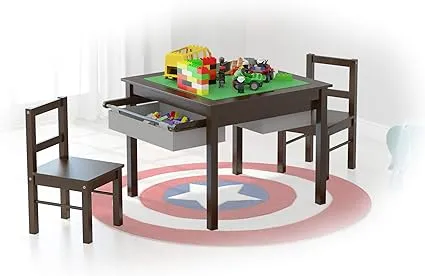 Utex 2-in-1 Kids Multi Activity Table and 2 Chairs Set with Storage (Espresso with Gray drawer)