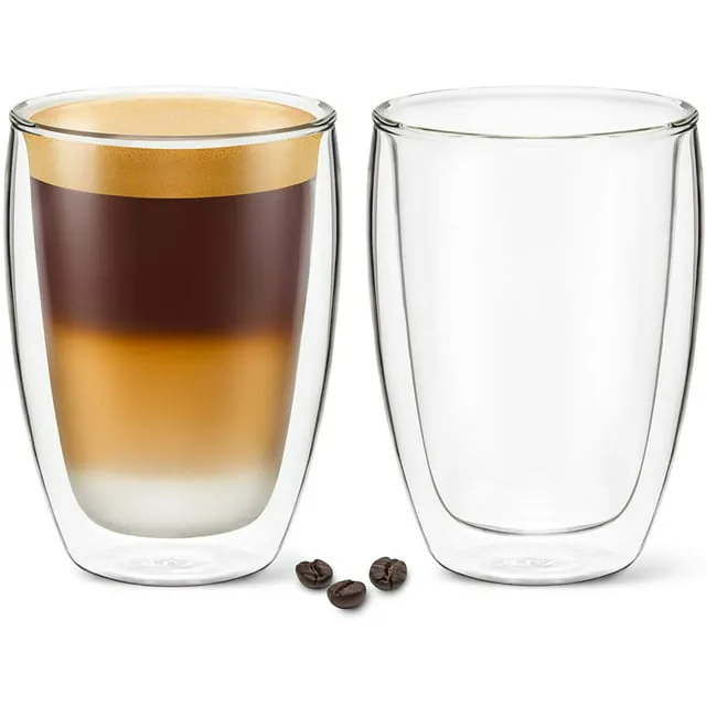 DLux Coffee Mugs, 12oz Latte Clear Glass Set of 2 Cups, Double Wall Insulated Borosilicate Glassware Cup - Wine, Tea Glasses