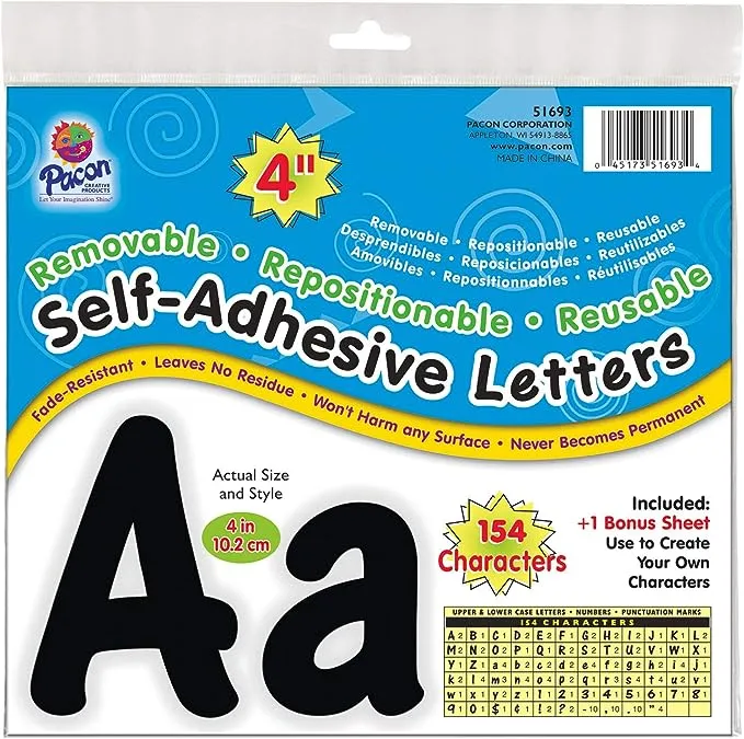 PACON Pacon 4" Self-Adhesive Uppercase and Lowercase Letters, 154-Count, Black (51693)