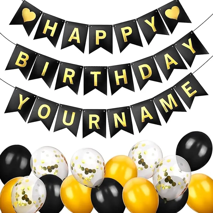 Happy Birthday Banner, Personalized Name Happy Birthday Decorations Black and Go