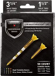 Maxfli Performance Series Low Resistance 3 1/4'' & 1 1/2'' Assorted Golf Tees - 50 Pack