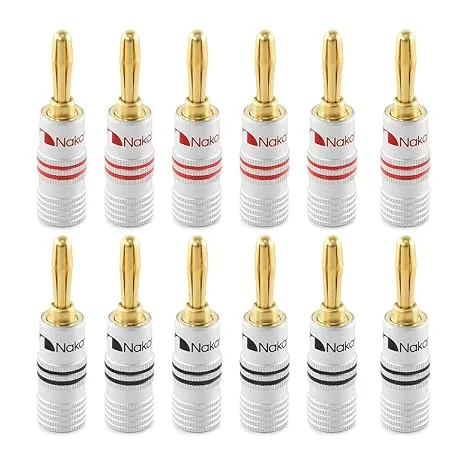 Nakamichi Excel Series 24k Gold Plated Banana Plug 12 AWG - 18 AWG Gauge Size 4mm for Speakers Amplifier Hi-Fi AV Receiver Stereo Home Theatre Radio Audio Wire Cable Screw Connector 12 Pcs (6-Pairs)