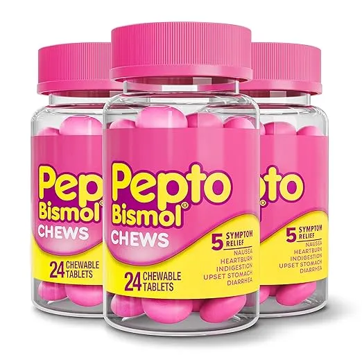 Pepto Bismol Chews, Fast and Effective Digestive Relief from Nausea, Heartburn, Indigestion, Upset Stomach, Diarrhea, 24 Chewable Tablets x 3, 72 Total (Packaging May Vary)