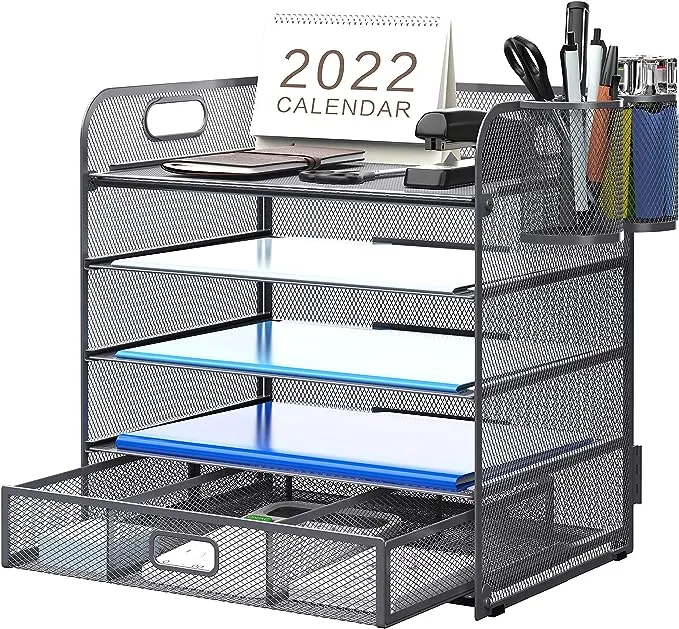 Supeasy 5 Trays Paper Organizer with Handle - Mesh Desk File/Letter Organizer,Black Paper Sorter for Office, Home or School