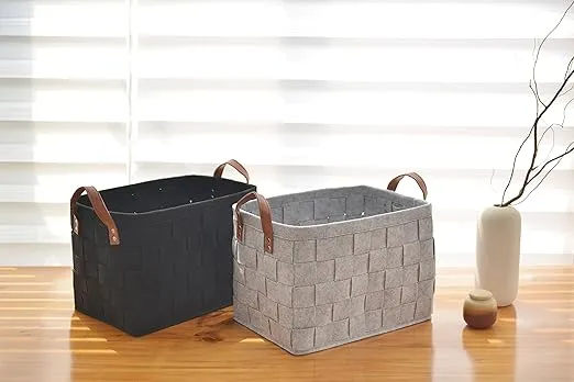 Collapsible Storage Basket Bins, Foldable Handmade Rectangular Felt Fabric Storage Box Cubes Containers with Handles- Large Organizer For Nursery Toys,Kids Room,Towels,Clothes, Grey (16"x11.8"x11.5")