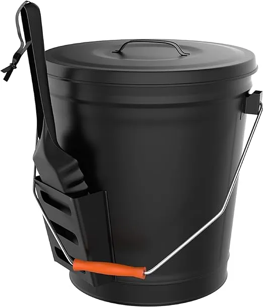 Metal Ash Bucket with Lid and Shovel - Wood Stove and Fireplace Tools - Ash Pail and Wood Pellet Storage - Hearth Accessories by Pure Garden (Black)