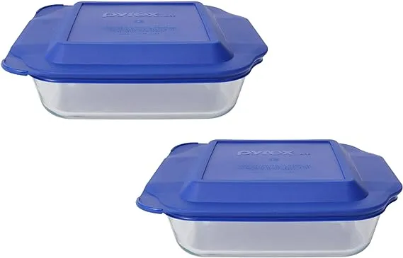 Pyrex (2) 222 Square Glass Baking Dishes & (2) 222-PC Blue Lids