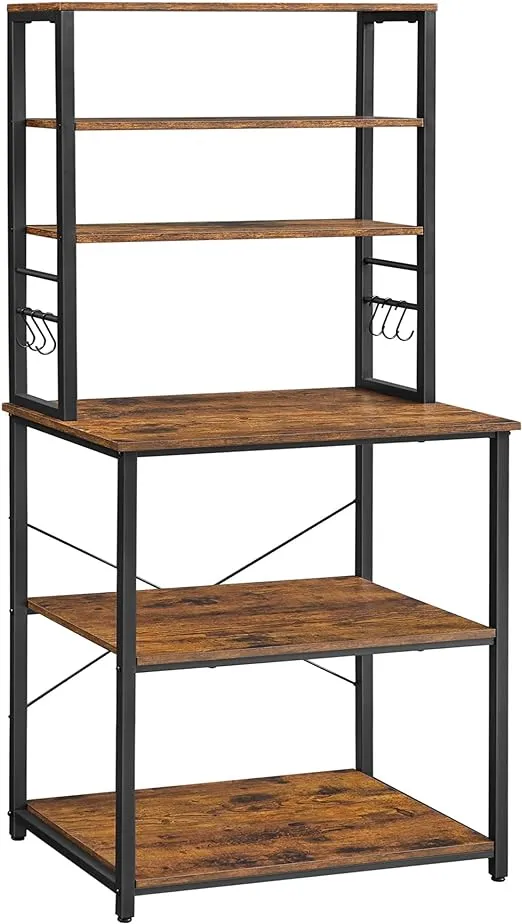 VASAGLE Coffee Bar, Baker’s Rack for Kitchen with Storage, 6-Tier Kitchen Shelves with 6 Hooks, Microwave Stand, Industrial, 15.7 x 23.6 x 65.7 Inches, Rustic Brown and Black UKKS024B01