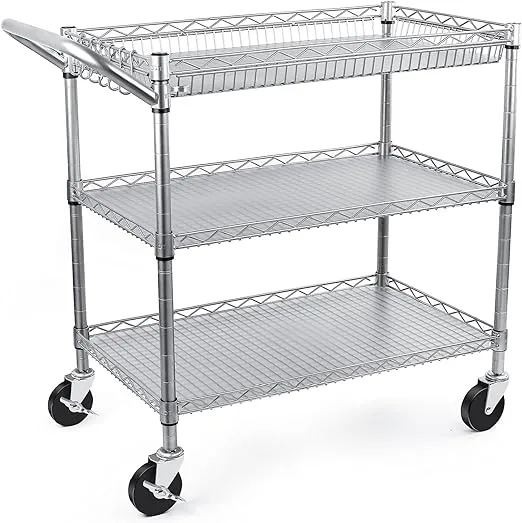 WDT Heavy Duty 3 Tier Utility Cart,990Lbs Capacity Wire Rolling Cart With Wheels, Commercial Grade Service Cart with Shelving Liners and Handle Bar Metal Carts for Kitchen Office Hardware, NSF ListedWDT Heavy Duty 3 Tier Utility Cart,990Lbs Capacity Wire