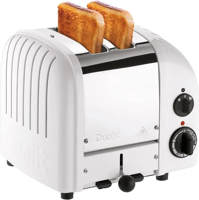 Dualit Classic 2 Slice NewGen Stainless Steel Toaster, White - Hand Built in the UK, Replaceable ProHeat® Elements – Slot Selector, Defrost Bread, Mechanical Timer-For Toast, Bagels & More