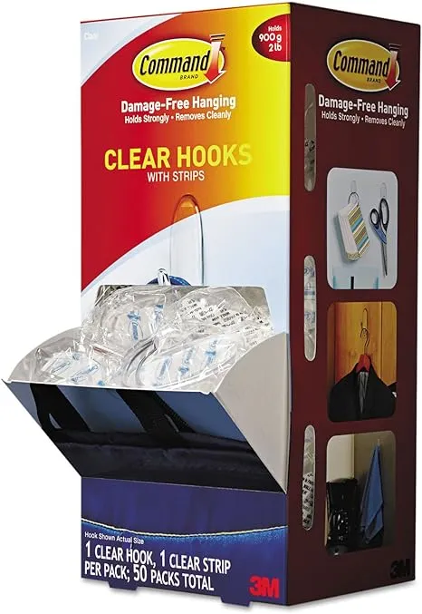 3M Command Clear Hooks and Strips, Plastic, Medium, 50 Hooks with Adhesive Strips per Carton (MMM17091CLRCABP)