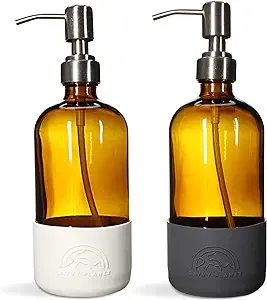 Savvy Planet Amber Glass Round Bottles w/Stainless Steel Pumps (2 Pack), Soap Dispenser with Silicone Sleeve Boot Great for Essential Oils, Lotions, Liquid Soaps