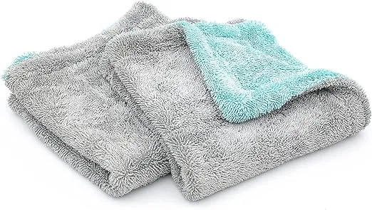 The Rag Company - The Liquid8r - Absorbent 70/30 Blend Microfiber Drying Towel for Cars, Trucks, SUVs, Safe for Detailing + Scratch Free, Twist Loop, 1100gsm, 16in x 16in, Aqua Blue/Grey (2-Pack)