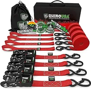 RHINO USA Ratchet Straps Tie Down Kit, 5,208 Break Strength - Includes (4) Heavy Duty Rachet Tiedowns with Padded Handles & Coated Chromoly S Hooks + (4) Soft Loop Tie-Downs