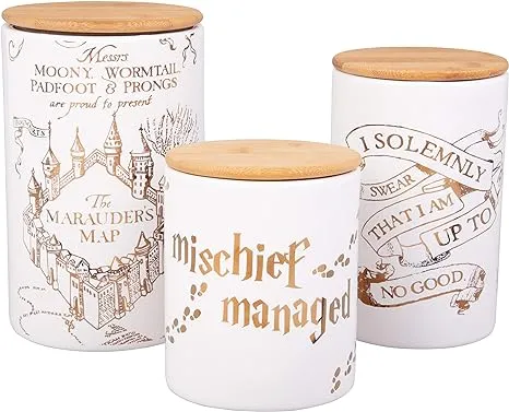 Harry Potter Marauder's Map Porcelain 3 Piece Canister Set - Three Sizes with Gold Marauders Map Design