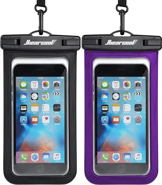 Hiearcool Universal Waterproof Phone Pouch Compatible for iPhone 16 15 14 13 Pro Max Plus Up to 8.3", IPX8 Beach Travel Essentials-Black&Purple-2Pack