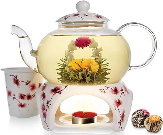 Teabloom Petite Cherry Blossom Teapot & Flowering Tea Gift Set - Glass Teapot (27 OZ / 2-3 Cups), Porcelain Lid, Loose Tea Infuser, Tea Warmer + Candle, 2 Flowering Teas