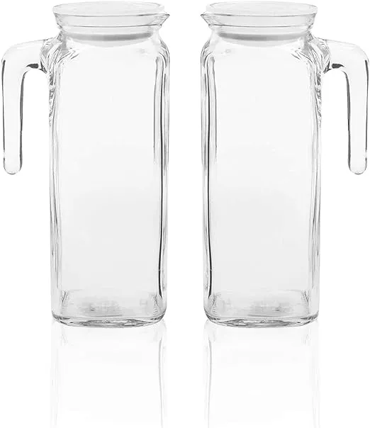 Bormioli Rocco Frigoverre Jug With Airtight Lids Set of 2 Glass Pitchers With Hermetic Sealing, Easy Pour Spout with Handle –For Water, Juice, Iced Coffee & Iced Tea. (39 Ounce = Set of 2)