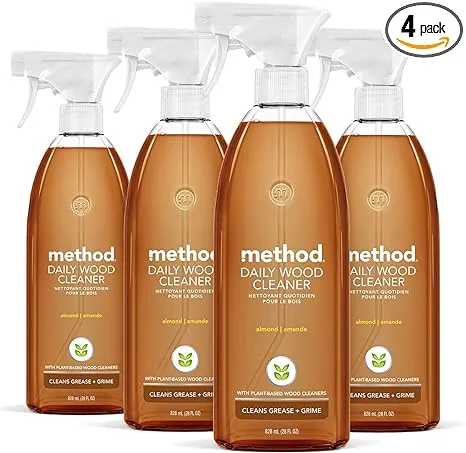 Method Daily Wood Cleaner, Almond, Plant-Based Formula That Cleans Shelves, Tables and Other Wooden Surfaces While Removing Dust & Grime, 28 oz Spray Bottles, (Pack of 4)