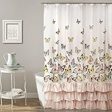 Lush Decor, Pink Flutter Butterfly Shower Curtain | Textured Ruffle Print Fabric Bathroom Decor, x 72, 72 x 72