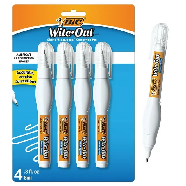 Wite-Out Shake 'n Squeeze Correction Pen, 8 mL, White, 4/Pack Bic