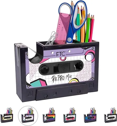 Novelty 80’s Cassette Tape Dispenser & Pen Supply Holder - Funny Supplies & Desk Accessories for Home, School, Office - Cute Gift for Men & Women - 6.70" x 1.98" x 4.53" (Retro)