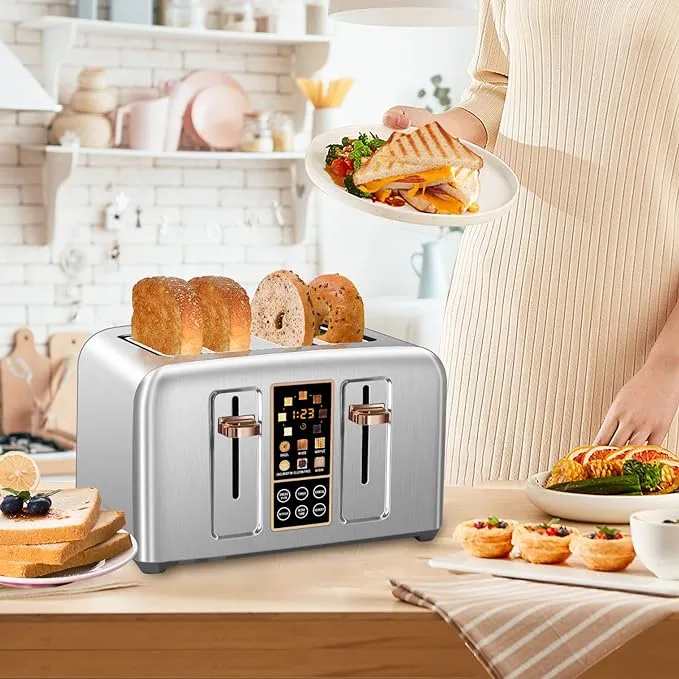 SEEDEEM 2 Slice Toaster, Stainless Steel Bread Toaster with Touch LCD Display, 50% Faster Heating Speed, 1.4'' Extra Wide Slots Toaster with 4 Basic+More Timer Functions, Removable Crumb Tray, 1350W, Dark Metallic