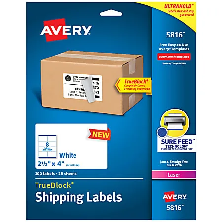 Avery TrueBlock Laser Shipping Labels, 2-1/2" x 4", White, 8 Labels/Sheet, 25 Sheets/Pack, 200 Labels/Pack (5816)