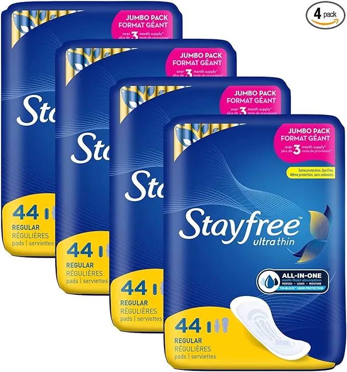 Stayfree Ultra Thin Regular Pads For Women, Wingless, Reliable Protection and Absorbency of Feminine Moisture, Leaks and Periods, 44 count - Pack of 4