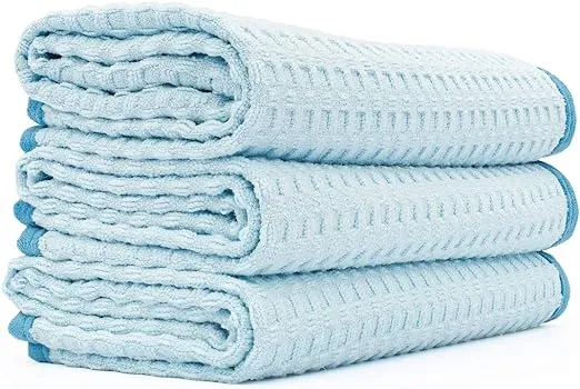 The Rag Company - Dry Me A River - Professional Korean 70/30 Blend Microfiber Waffle-Weave Drying & Detailing Towels, Soft Suede Edges, 390GSM, 20in x 40in, Light Blue (2-Pack)