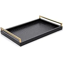 Serving Tray Faux Black Crocodile Leather with Brushed Gold Stainless Steel