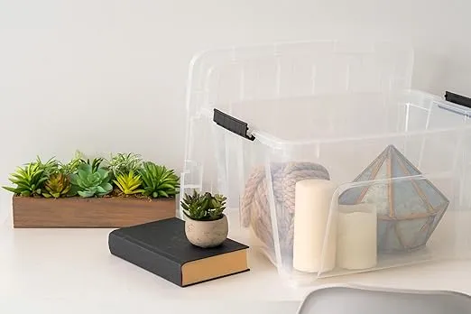 IRIS USA 32 Qt Stackable Plastic Storage Bins with Lids, 6 Pack - BPA-Free, Made in USA - See-Through Organizing Solution, Latches, Durable Nestable Containers, Secure Pull Handle - Clear
