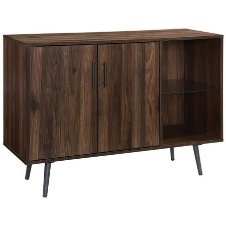 Walker Edison Theo Mid Century Modern 2 Door Asymmetrical Glass Shelf Buffet, 44 Inch, Dark Walnut