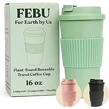 FEBU Plant-Based Reusable Coffee Cup with Lid and Sleeve | 16oz, Dusty Rose | Portable Travel Mug made from Bamboo | Dishwasher Safe, Zero Waste, Plastic Free with Leak-Proof Screw-on Lid