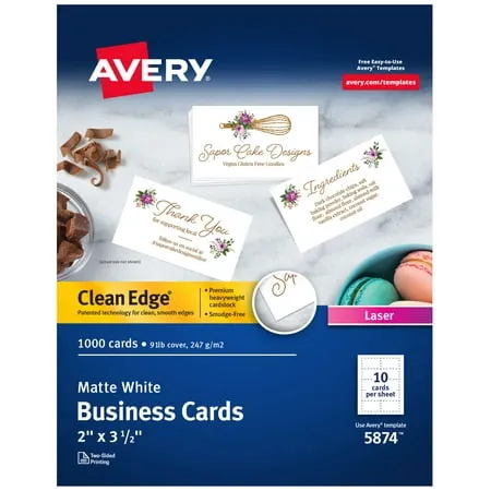 Avery Clean Edge Business Cards, Laser, 2 x 3 1/2, White, 1000/Box