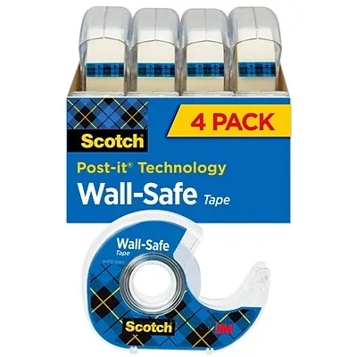 Scotch - Wall-Safe Tape with Dispenser, 1" Core, 0.75" x 54.17 ft, Clear, 4/Pack